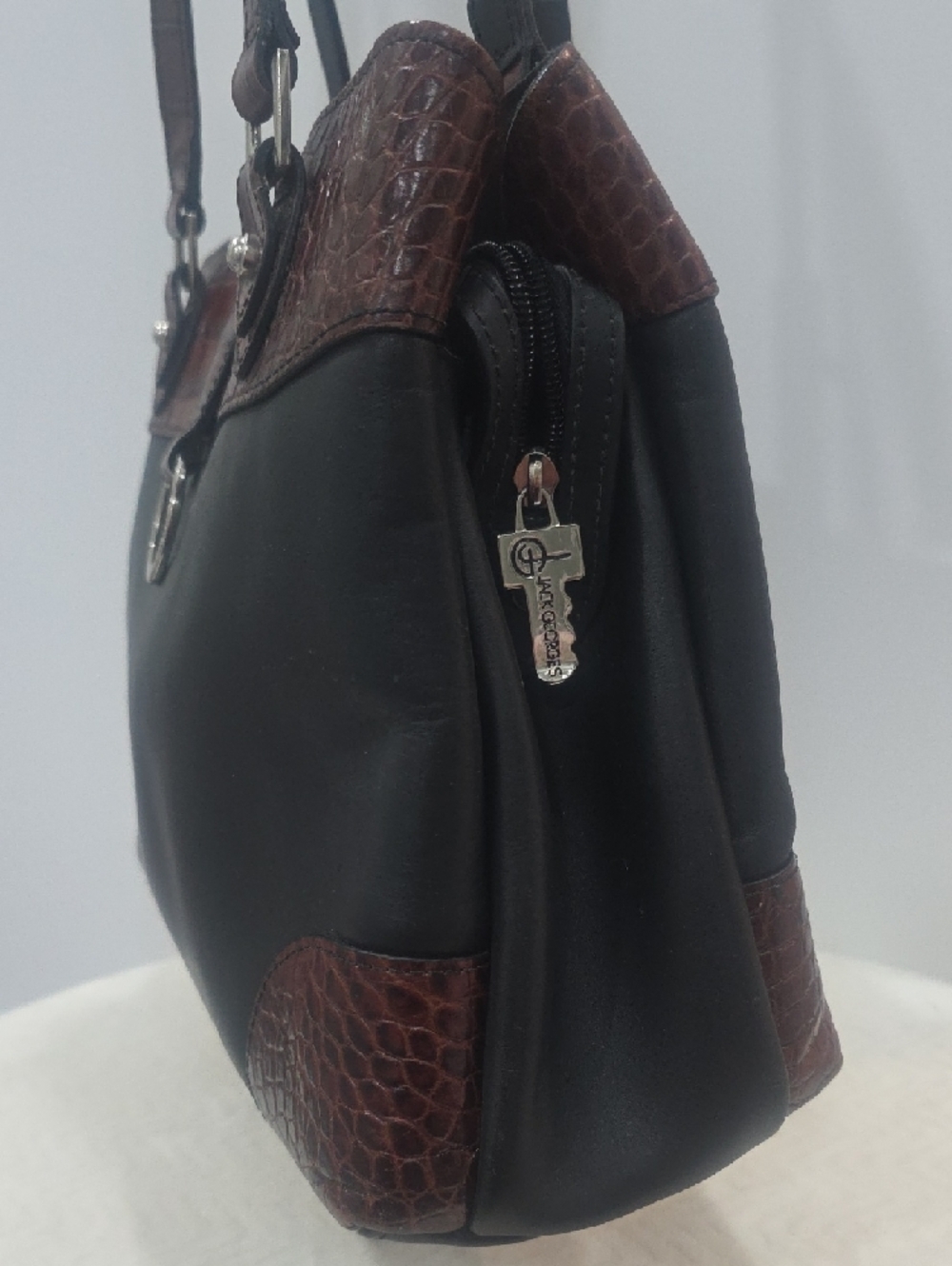 Jack Georges Venezia Veronica Two-Tone Black and  Brown Tote Leather Handbag - Picture 5 of 14